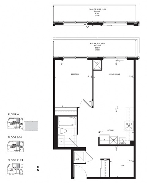 Floor plan for 1 bed, 1 bath, 651 sqft